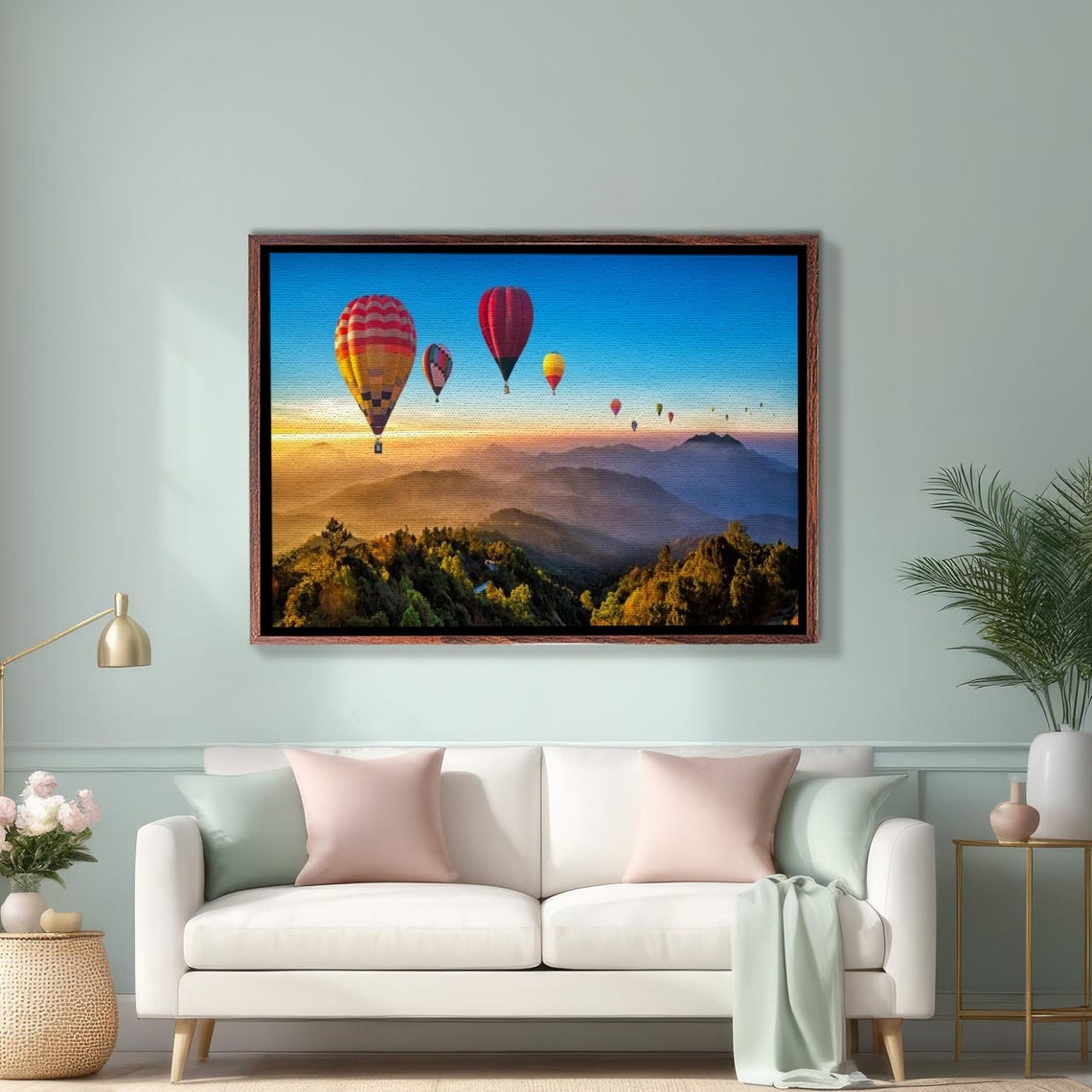 Hot Air Balloons Drifting Over Misty Mountains at Sunrise Poster