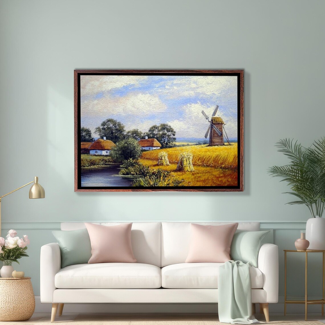 Golden Wheat Field And Windmill Countryside Oil Painting Poster