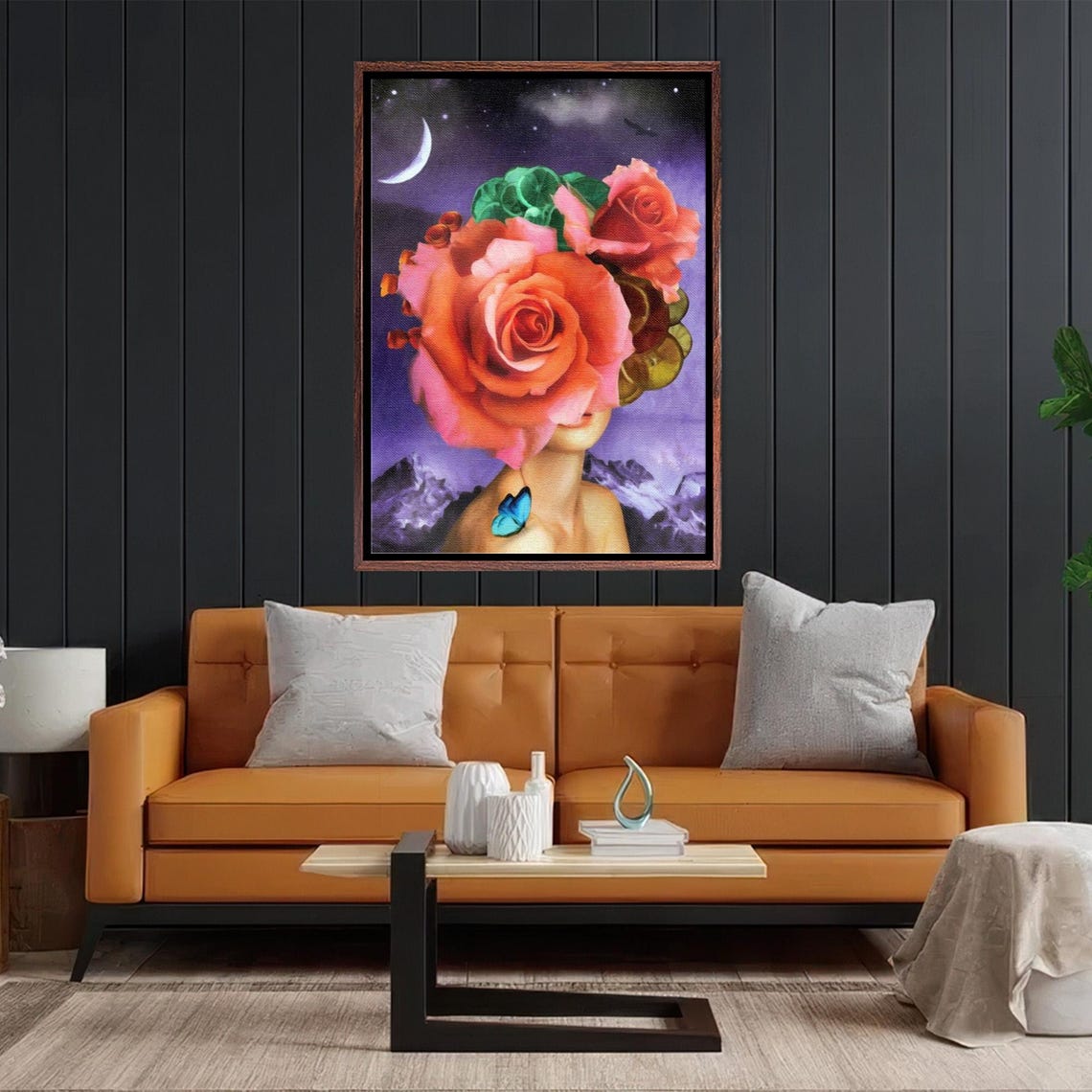 Surreal Rose Headed Woman Under Crescent Moon Night Sky Poster - Image 2