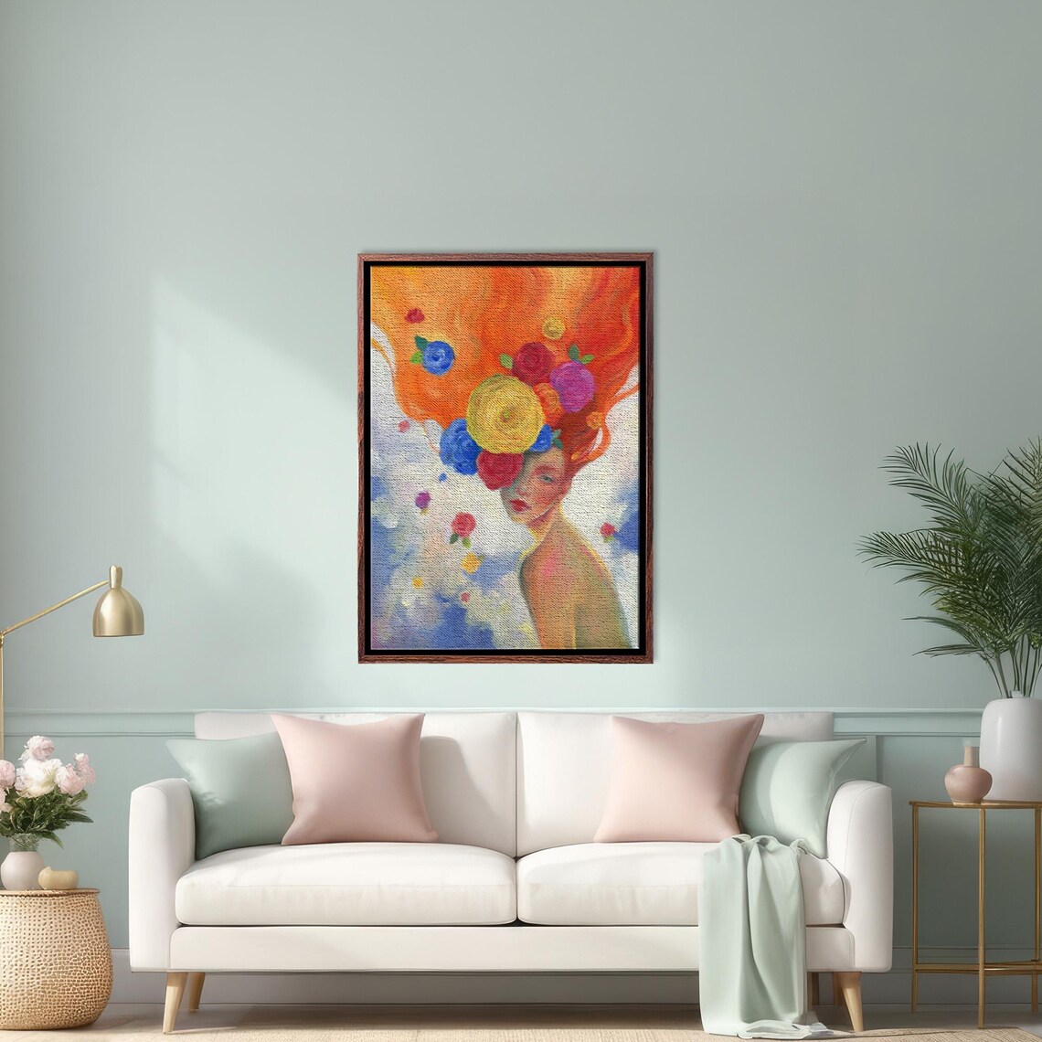 Woman With Fiery Red Hair And Colorful Blooming Flower Crown Poster