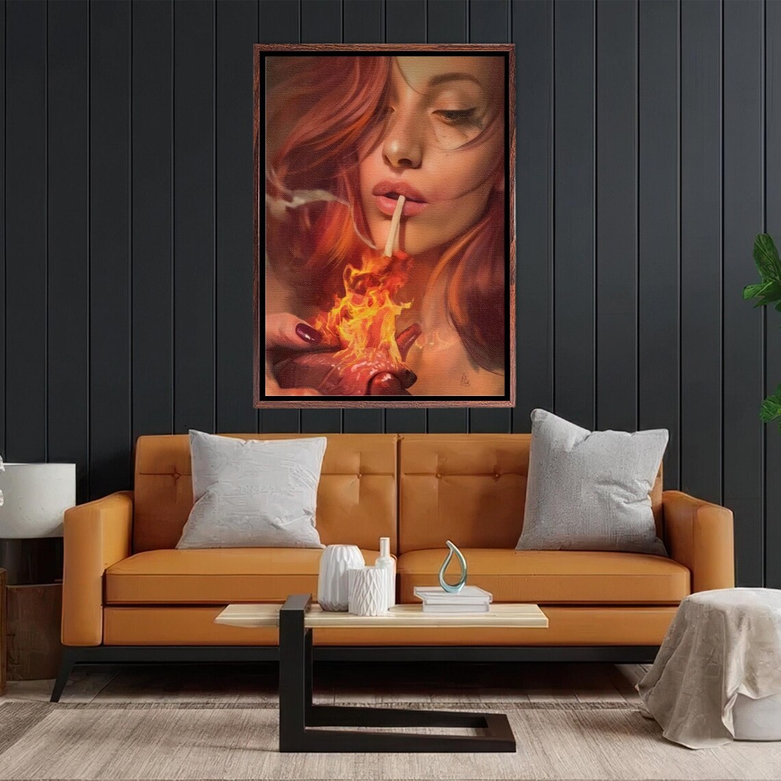 Red Haired Woman Lighting a Cigarette from a Flaming Heart Poster - Image 2