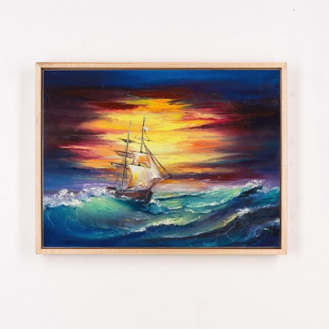 Old Sailing Ship Battling Stormy Ocean Waves at Sunset Poster - Image 4