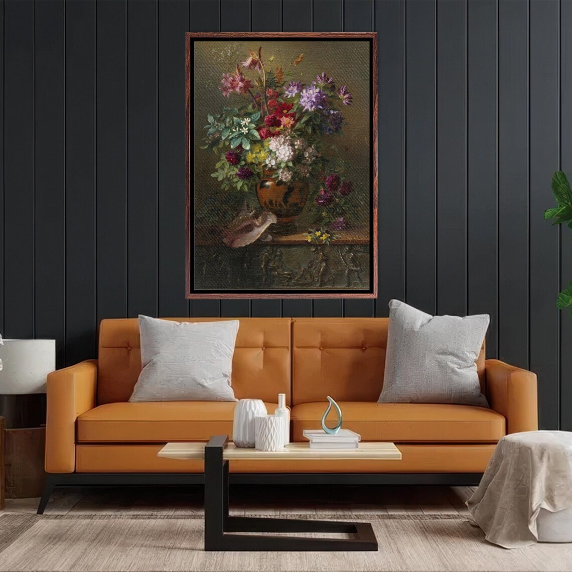 Classic Dark Floral Still Life Bouquet in Ornate Vase Poster - Image 2