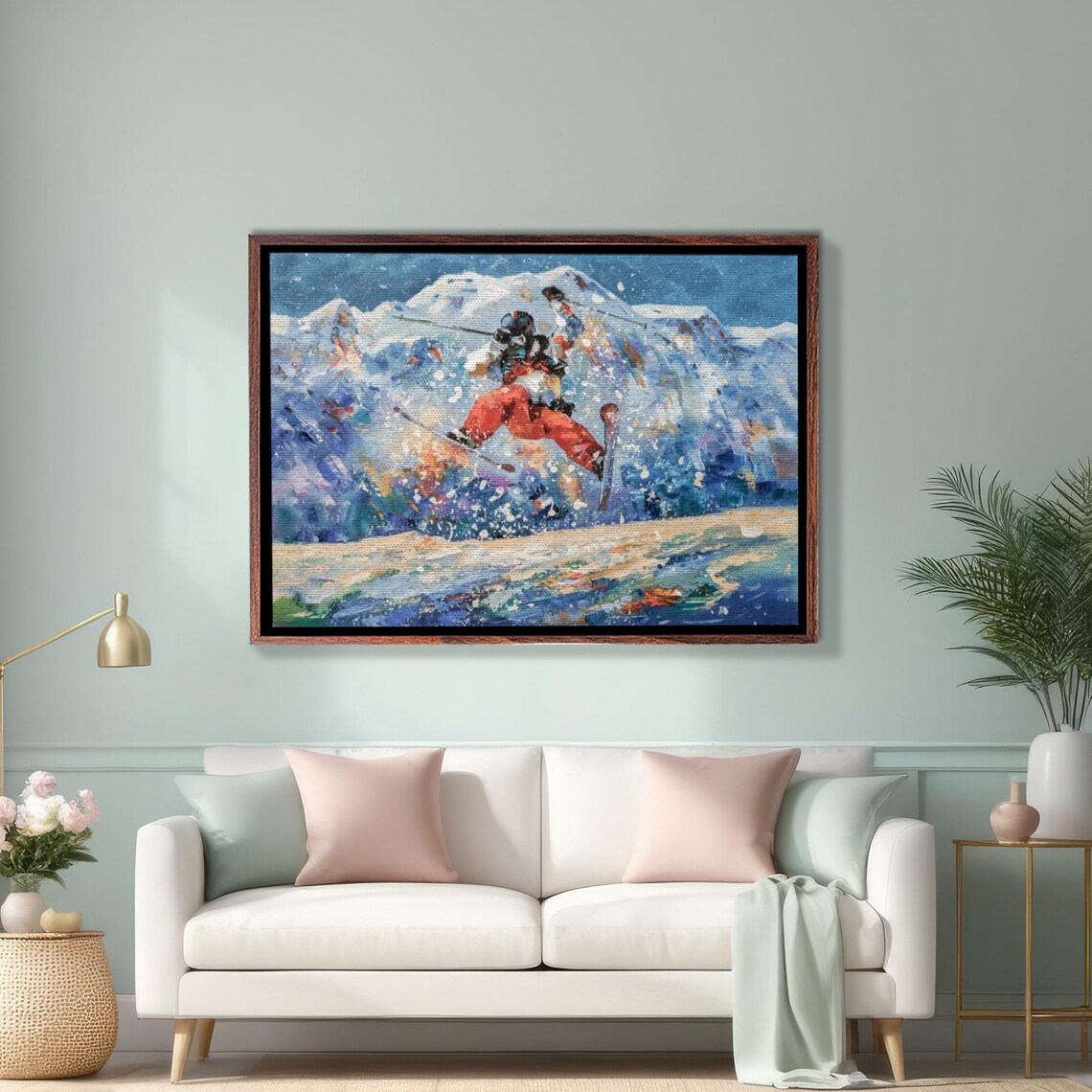 Freestyle Skier Mid Air Jump in Snowy Mountains Painting Poster