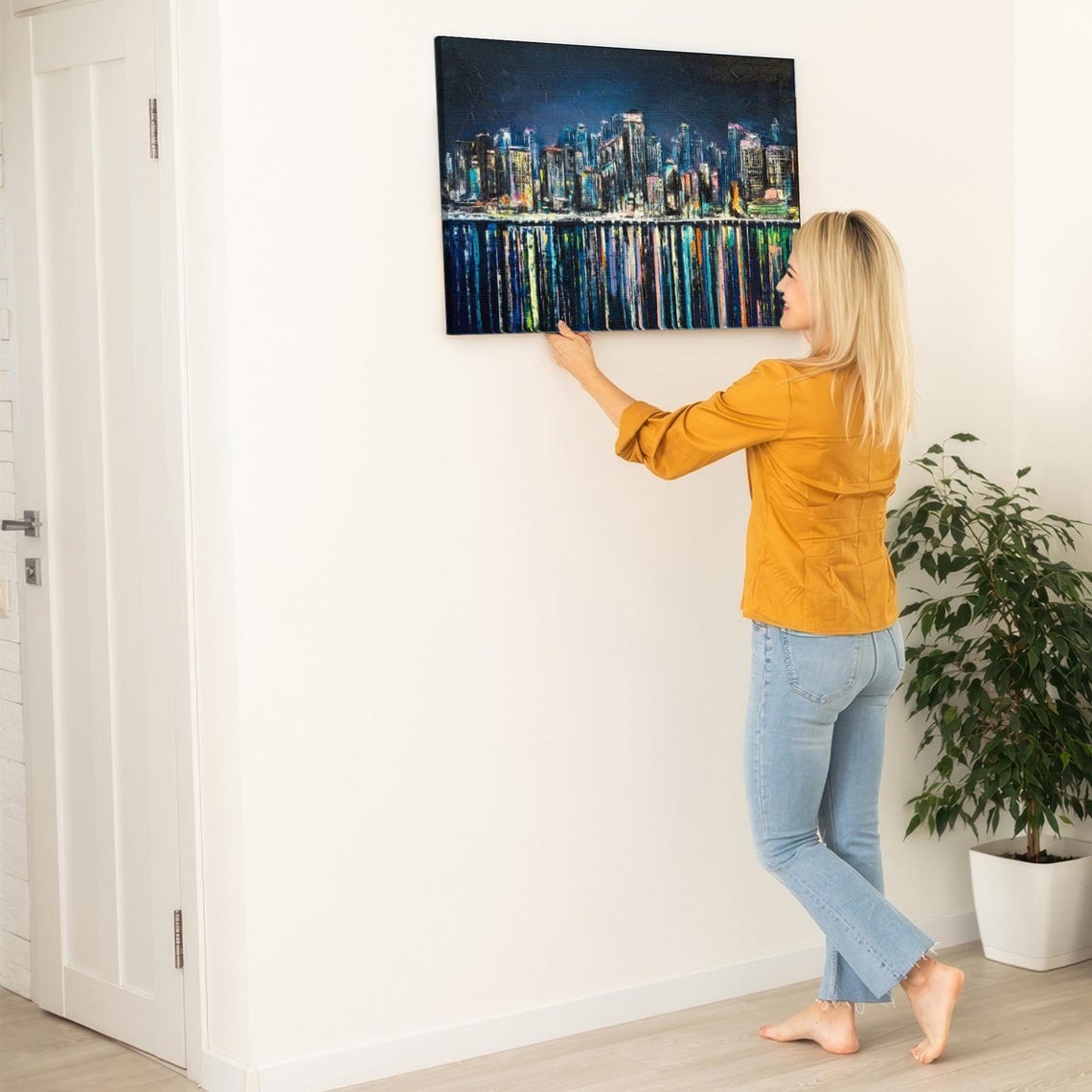 Glowing City Skyline at Night Water Reflections Oil Painting Poster - Image 5