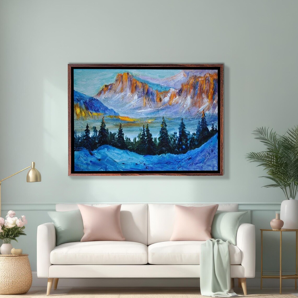 Snow Covered Mountain Forest at Sunrise in Bold Color Painting Poster