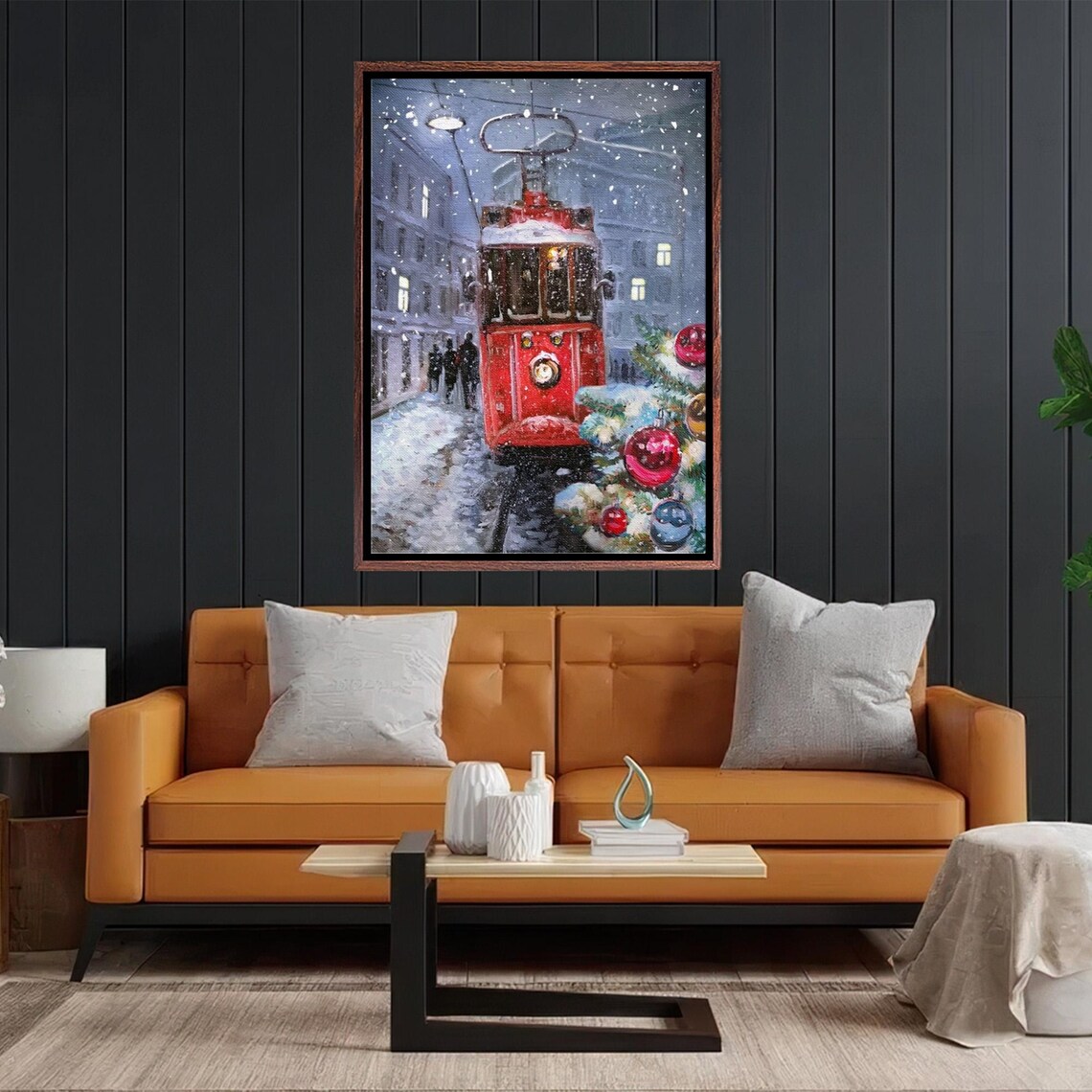 Vintage Red Tram in a Snowy City at Christmas Beside a Lit Tree Poster - Image 2