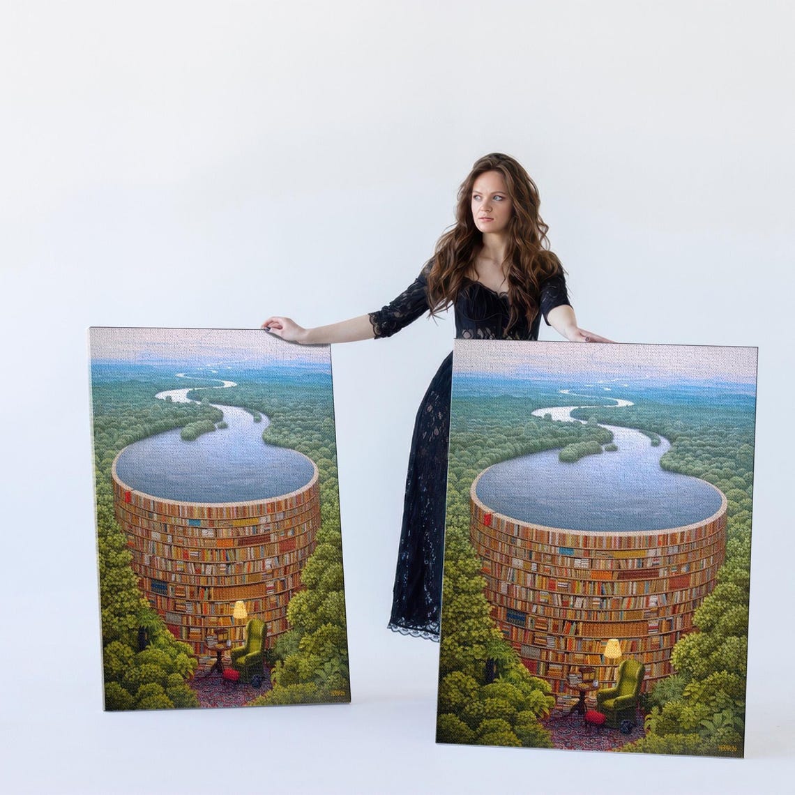 Surreal Forest Library Cup With Winding River Painting Poster - Image 5