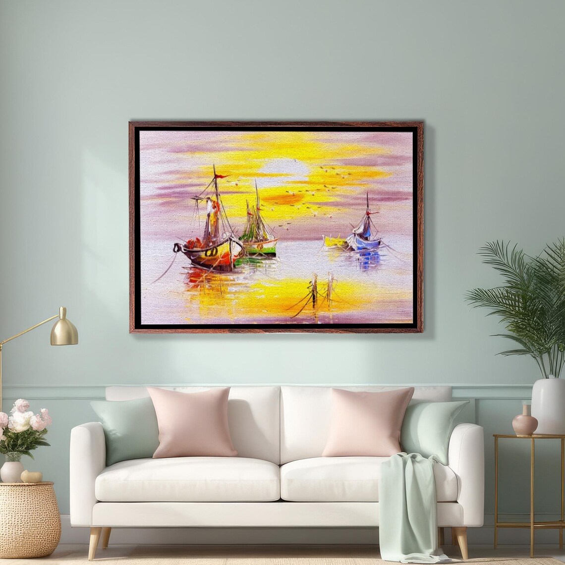 Colorful Fishing Boats Anchored At A Golden Sunrise Seascape Poster