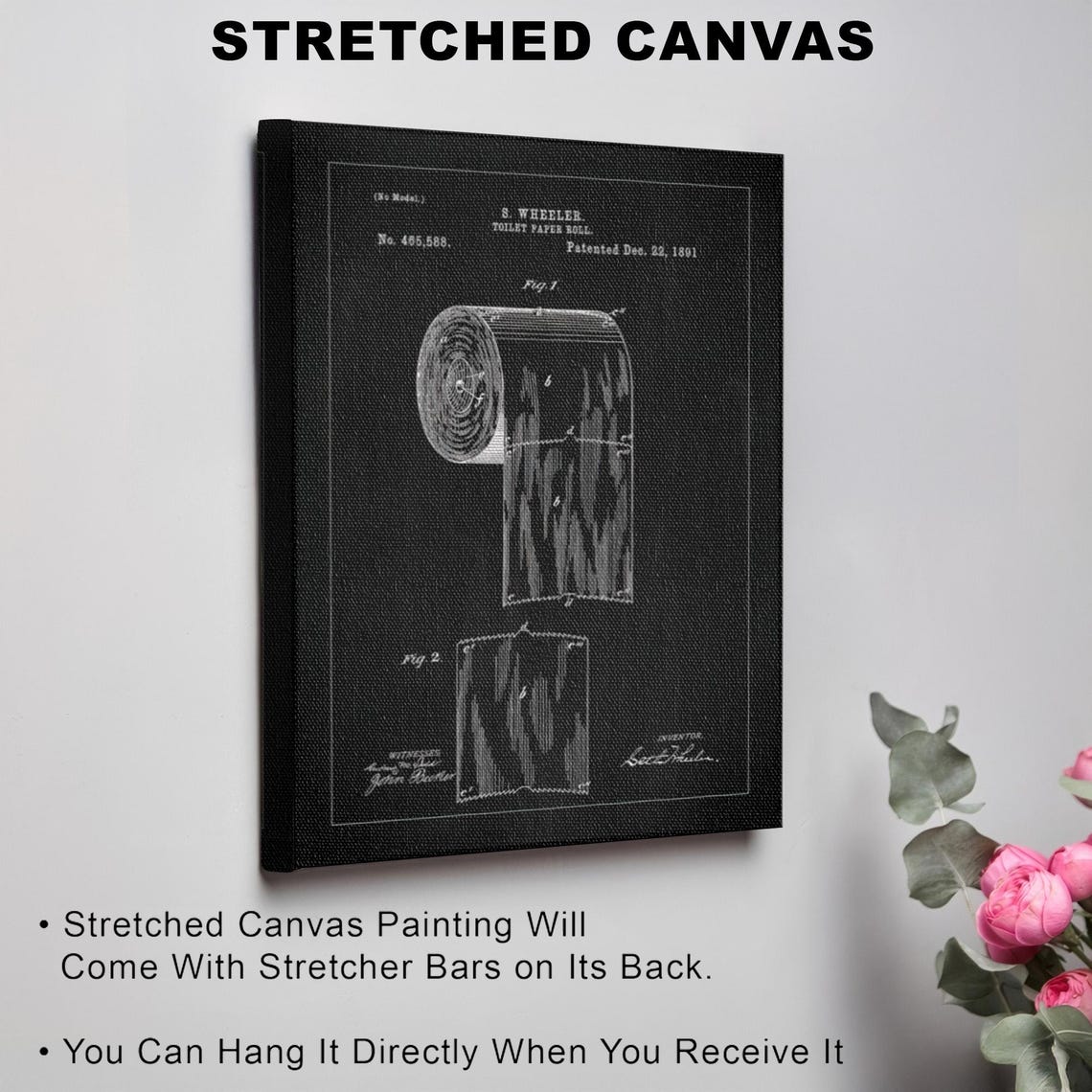 Vintage 1891 Toilet Paper Roll Patent Diagram on Black Poster - Image 3