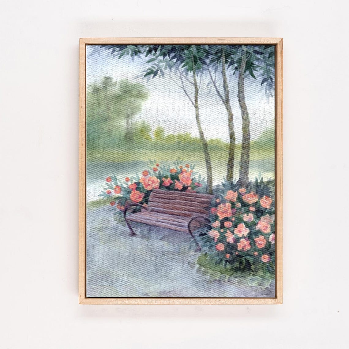 Wooden Park Bench Surrounded By Blooming Pink Roses Garden Poster - Image 4