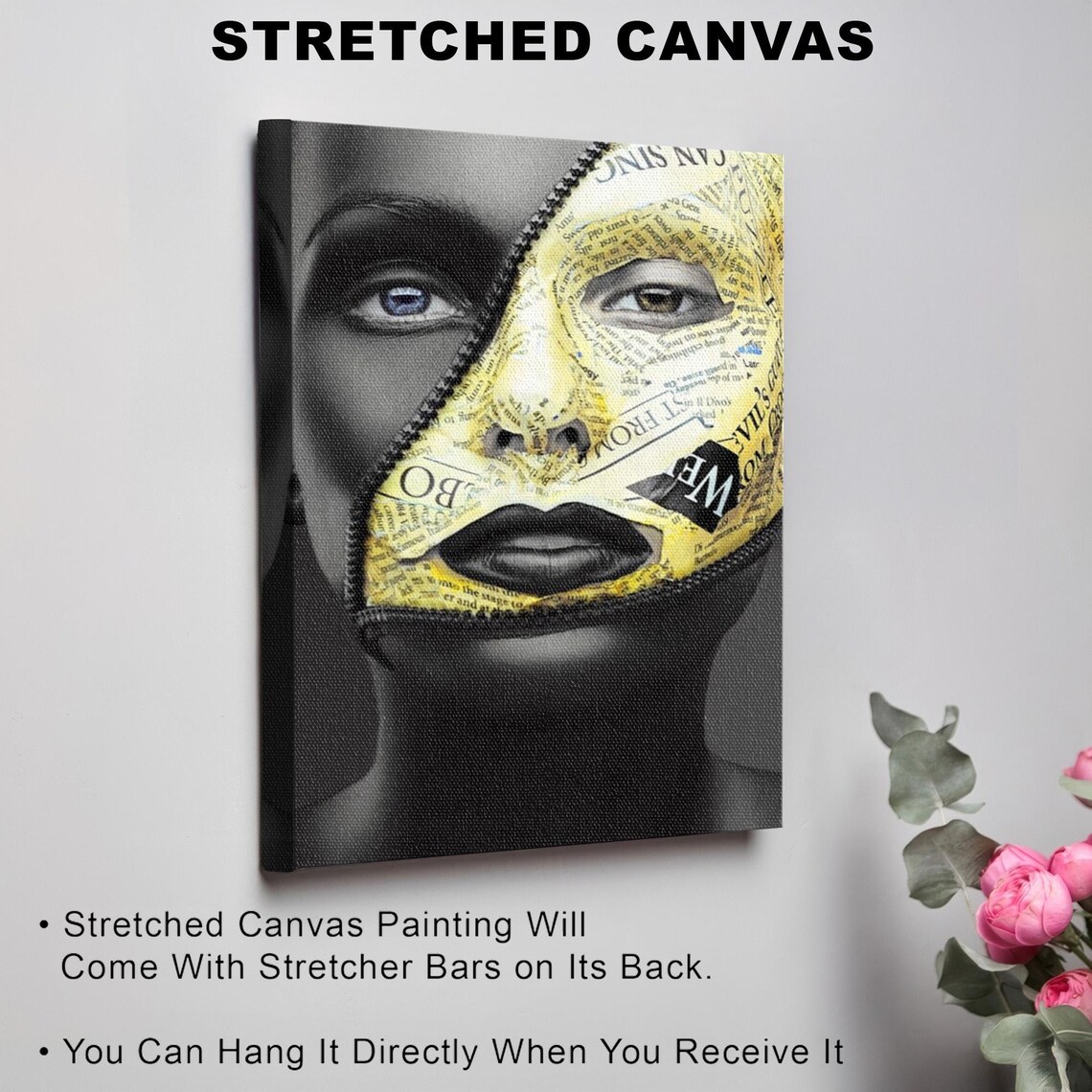 Surreal Zipper Face Portrait With Newspaper Texture Modern Art Poster - Image 3