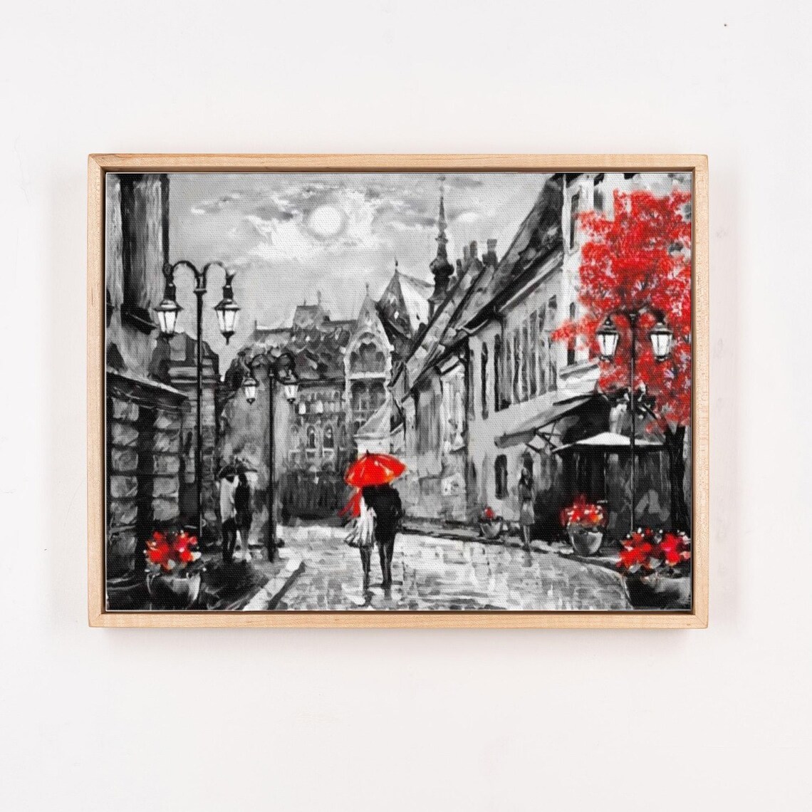 Budapest Old Town Street Red Umbrella Black and White Poster - Image 4