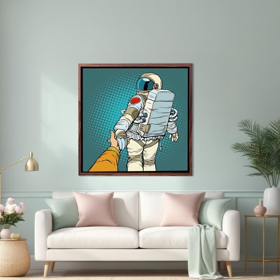 Retro Pop Art Astronaut Holding a Hand on Teal Halftone Poster