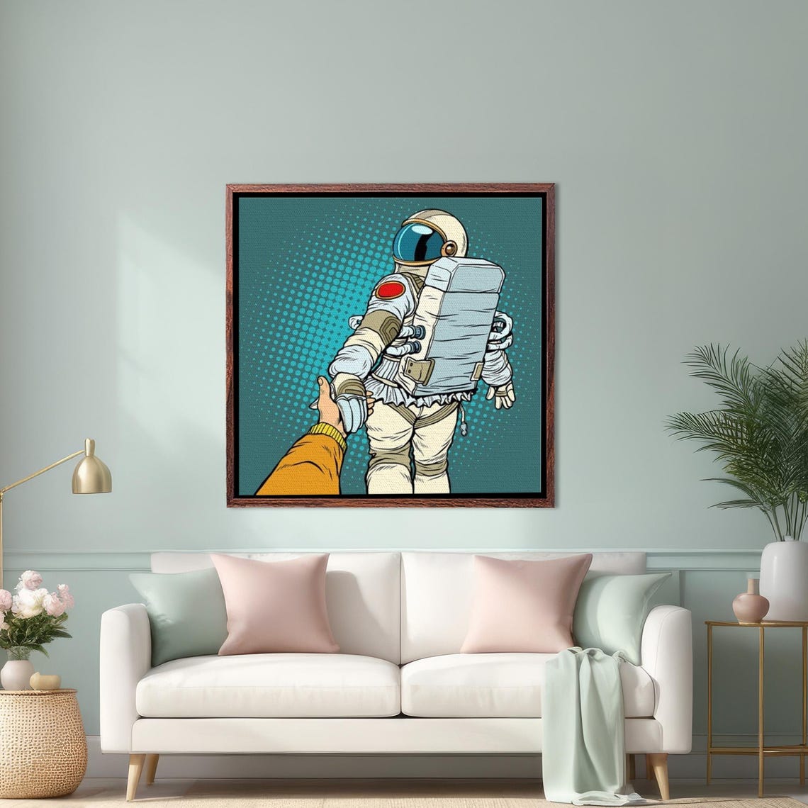 Retro Pop Art Astronaut Holding a Hand on Teal Halftone Poster