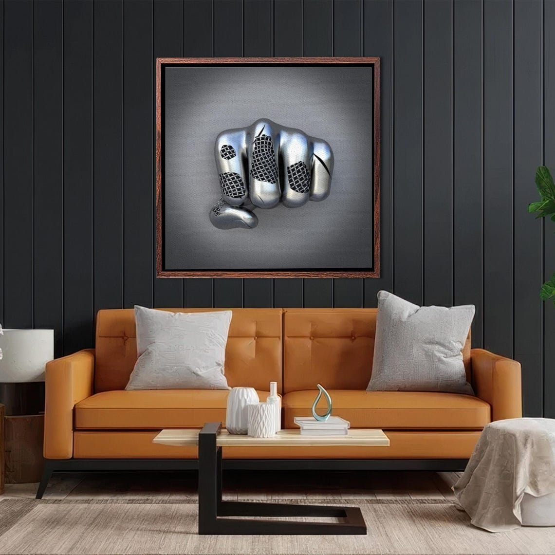 Metallic Silver 3D Clenched Fist Sculpture on Gray Backdrop Poster - Image 2