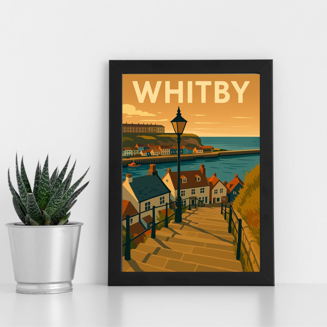 Whitby North Yorkshire Harbor View Stairs Retro Travel Poster