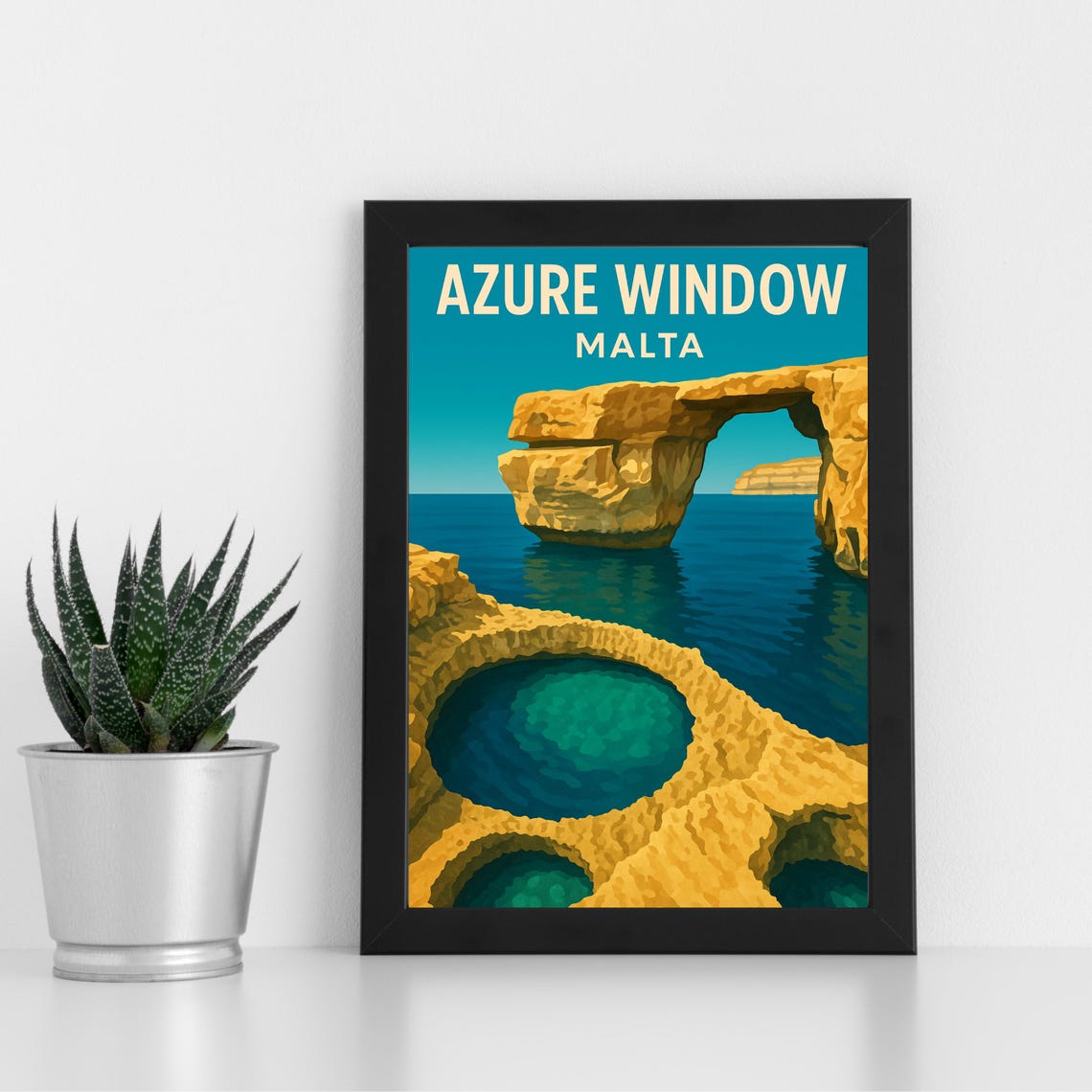 Azure Window Gozo Malta Limestone Arch Vintage Travel Poster