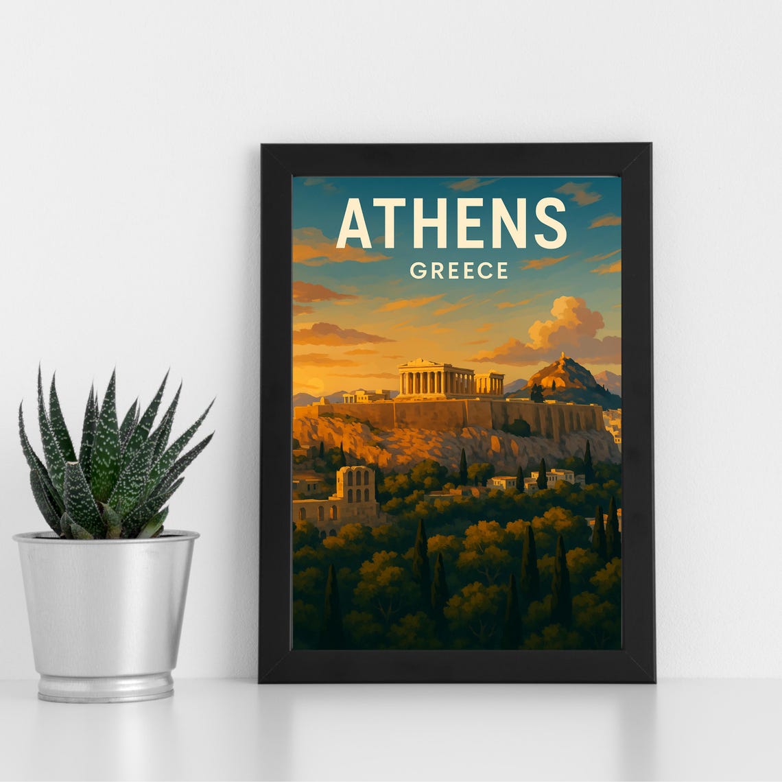 Retro Athens Greece Acropolis Sunset Vintage Style Travel Poster