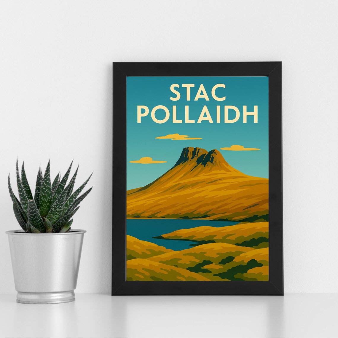 Stac Pollaidh Scotland Mountain Loch Golden Vintage Travel Poster