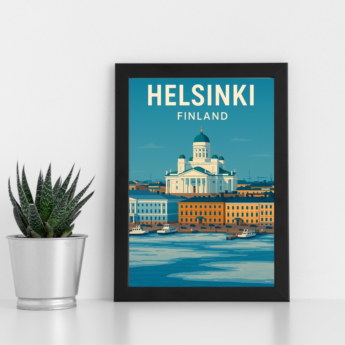 Helsinki Finland Cathedral Harbor Waterfront Vintage Travel Poster