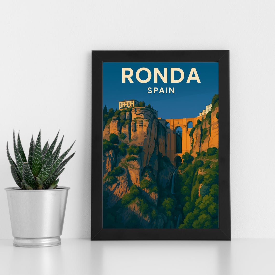Ronda Spain Puente Nuevo Stone Gorge Bridge Sunset Travel Poster