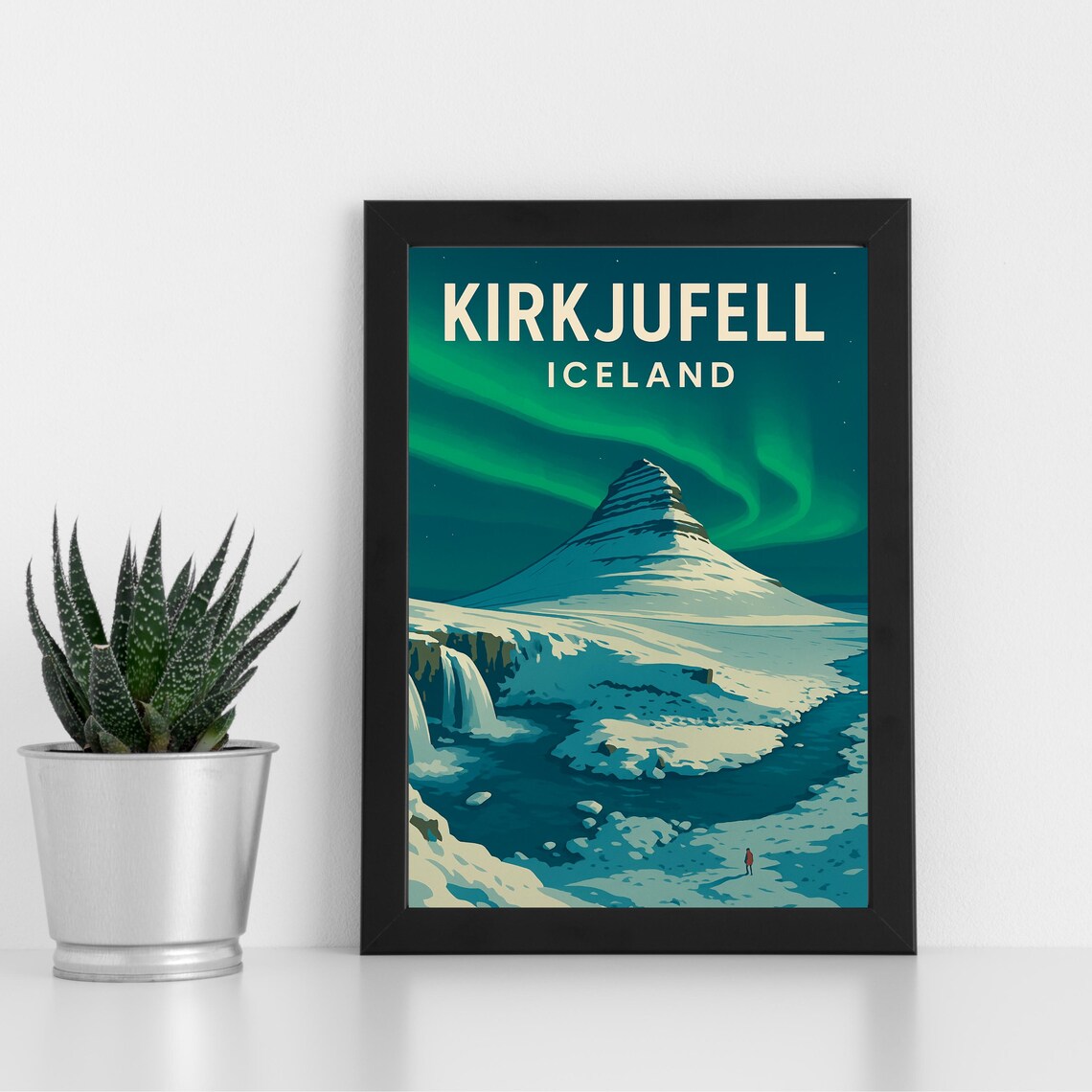 Kirkjufell Iceland Retro Northern Lights Waterfall Peak Poster