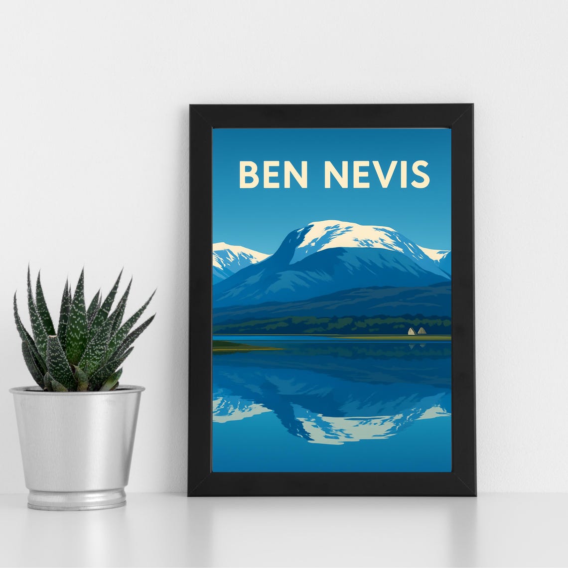 Ben Nevis Snowy Summit Lake Reflection Vintage Travel Poster