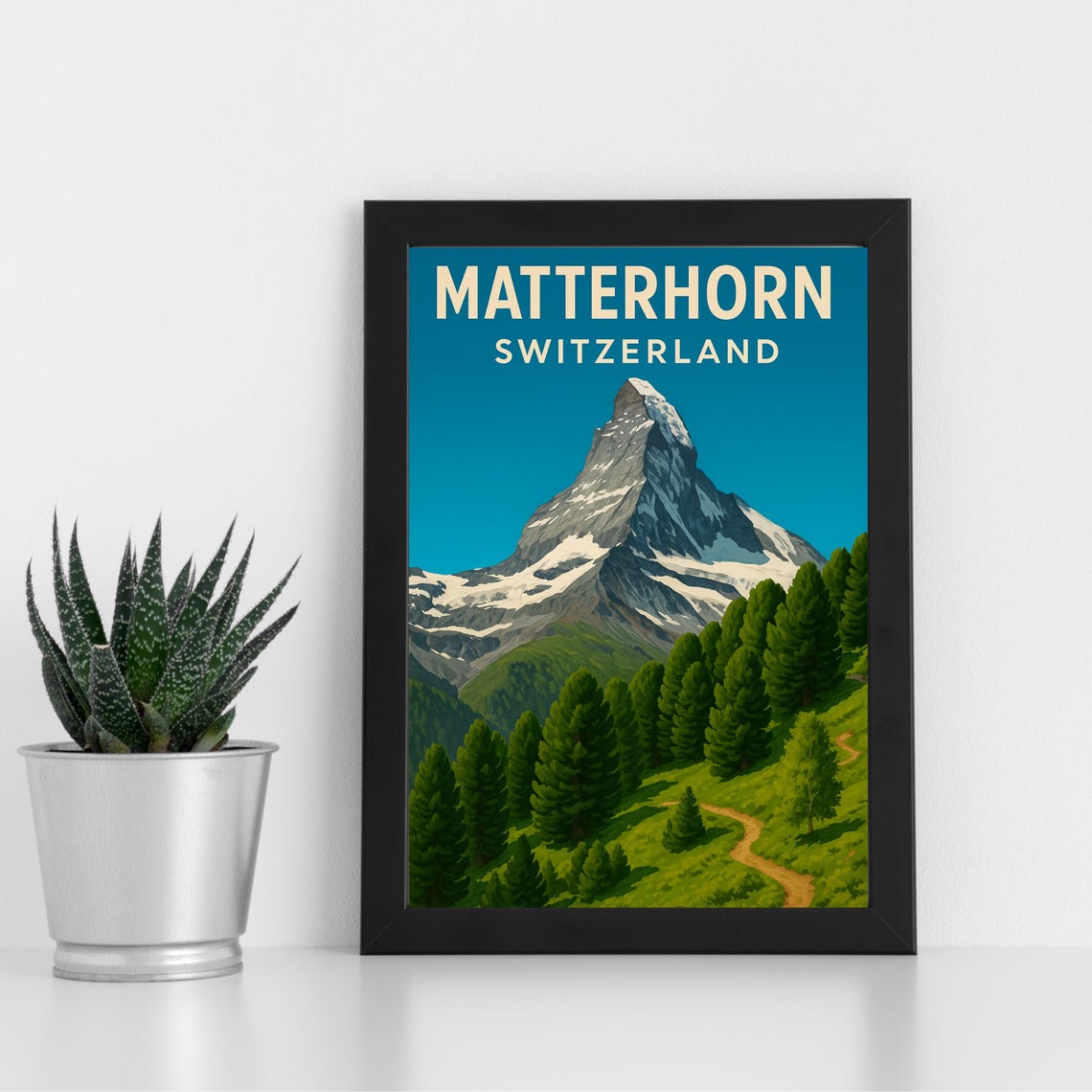 Matterhorn Switzerland Summer Meadow Pine Forest Travel Poster