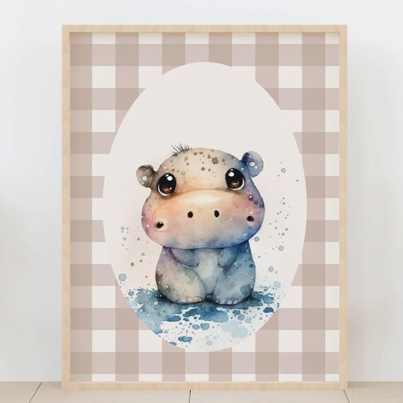Cute Baby Hippo Watercolor Nursery Sweet Safari Animal Art Print