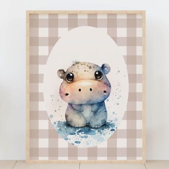 Hippo Nursery Wall Art Baby Hippopotamus Safari Animal Room Decor Cute Wildlife Kids Neutral