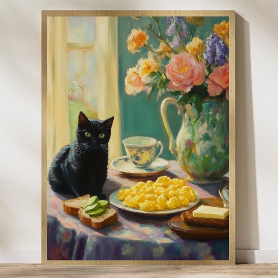 Vintage Black Cat Kitchen Art, Maximalist Print