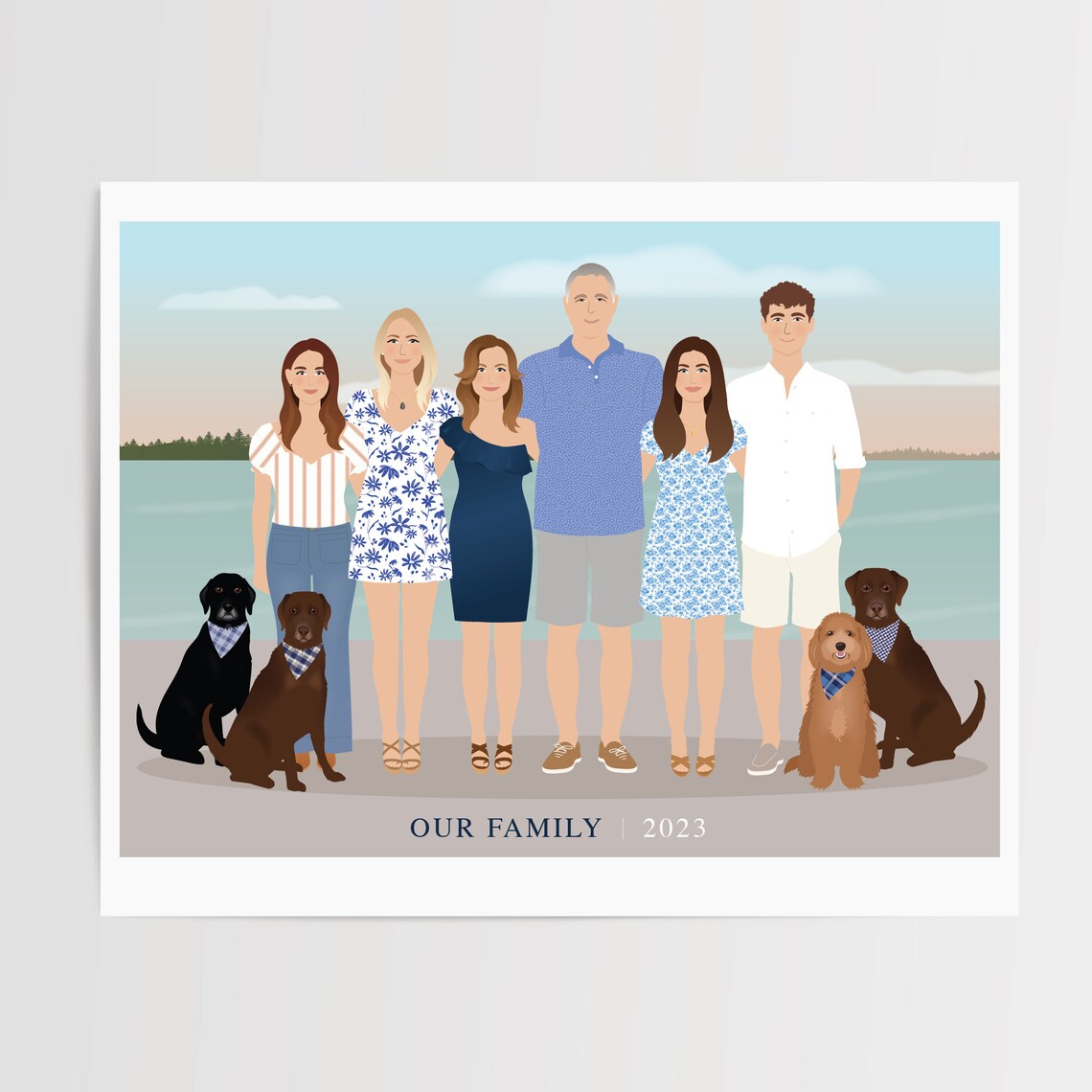 Personalized Large Family Beach Portrait With Four Dogs Custom Poster