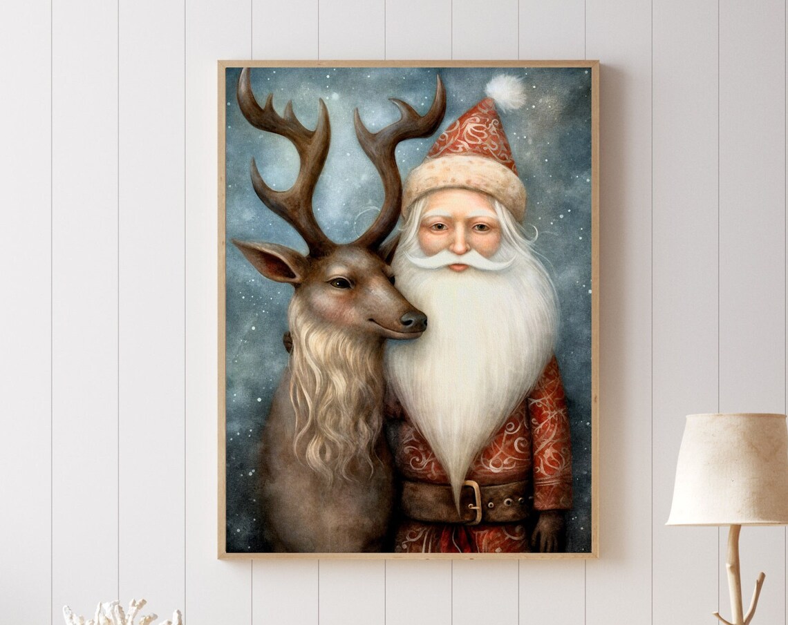 Santa And Reindeer Holiday Decor Christmas Art For Living Room Cozy Winter Art Christmas Art For Kids Room Or Nursery