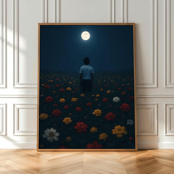 Moonlit Flower Field Night Wanderer Silhouette Dreamy Art Poster