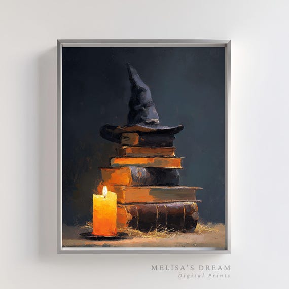 Witch Hat And Spell Books Wall Art Dark Academia Gothic Decor Witchy Halloween