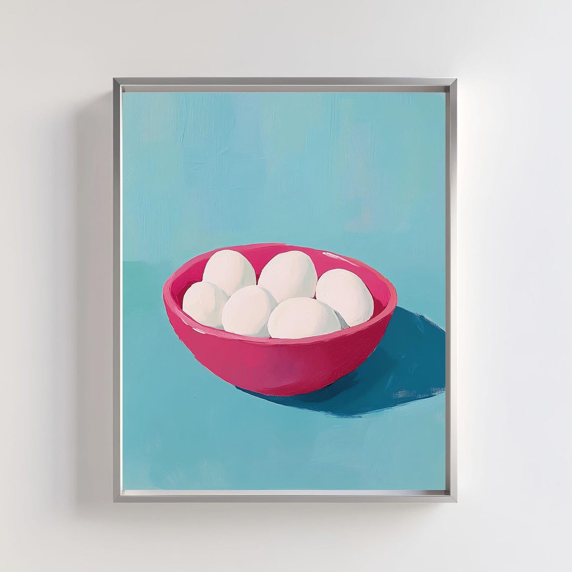 White Eggs In A Pink Bowl Minimalist Teal Kitchen Art Poster