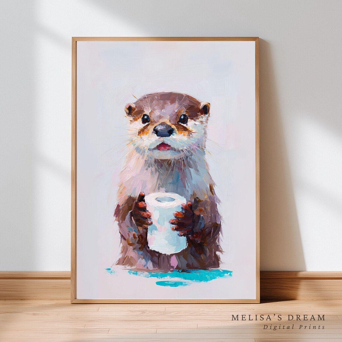 Cute Baby Otter Holding Toilet Paper Funny Bathroom Animal Poster