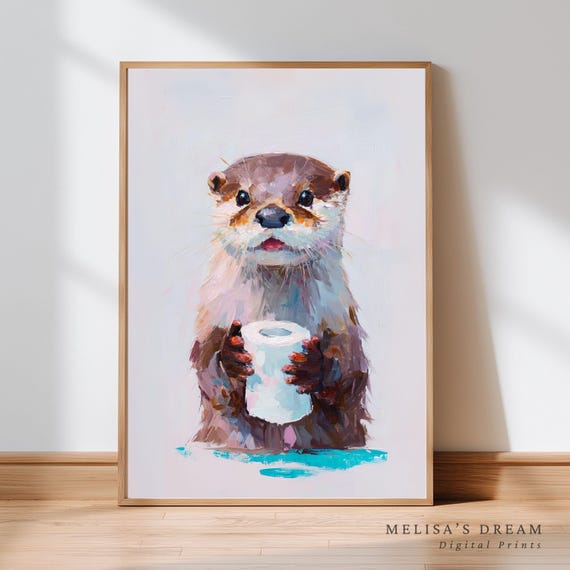 Otter Bathroom Wall Art Poster Cute Holding Toilet Paper Funny Animal Illustration
