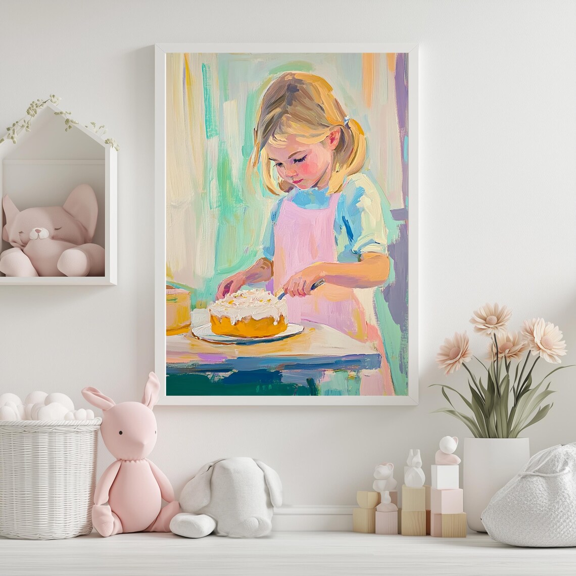 Girl Baking Art Print, Whimsical Kitchen Scene - Image 3