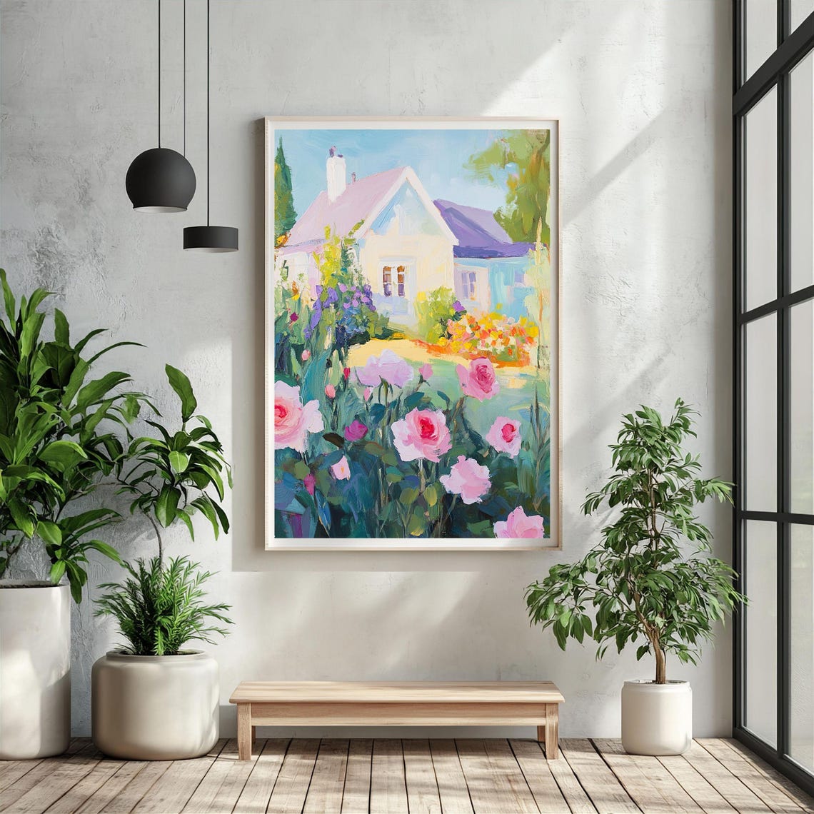 Pink Roses Blooming In Sunny Cottage Garden Summer Art Poster - Image 2