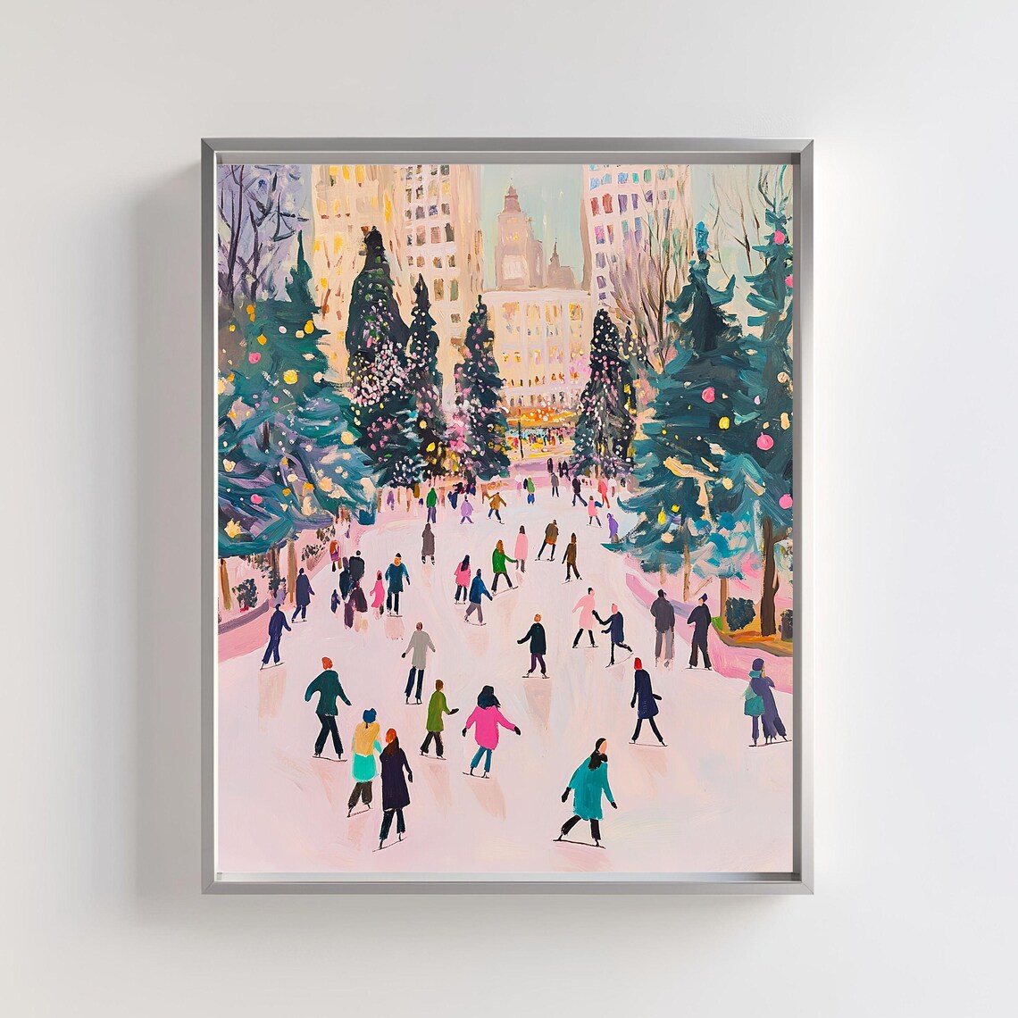 Christmas Ice Skating City Scene, Winter Cityscape