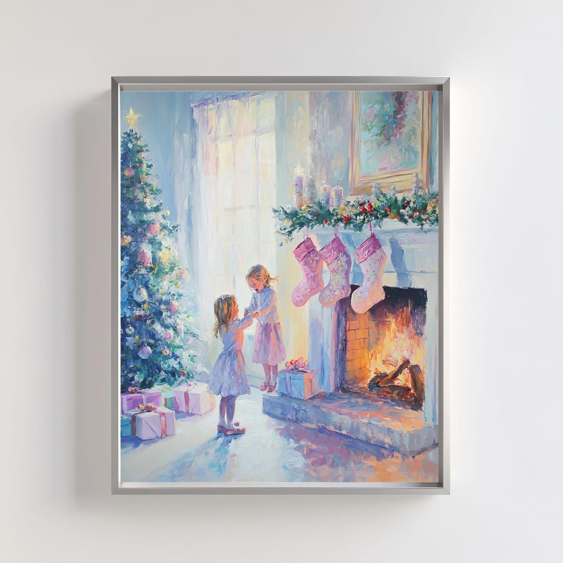 Children by Christmas Fireplace With Tree Cozy Holiday Art Poster