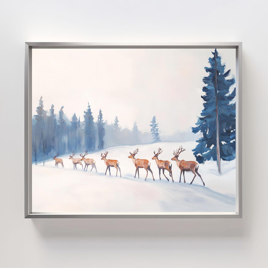 Reindeer Herd Crossing A Snowy Forest Blue Winter Wildlife Poster