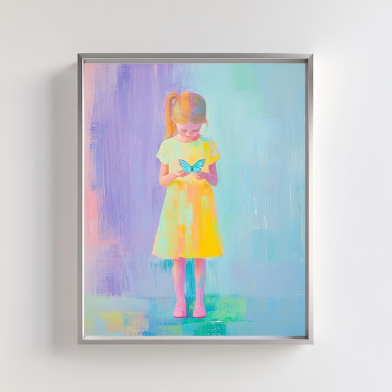Girl in Yellow Dress Holding Blue Butterfly Pastel Art Poster