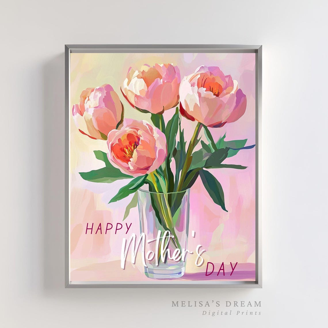 Happy Mother's Day Pink Peony Bouquet Glass Vase Floral Poster