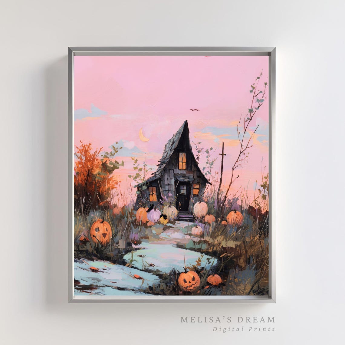 Haunted Cottage Pumpkins Pink Dusk Halloween Painting Poster