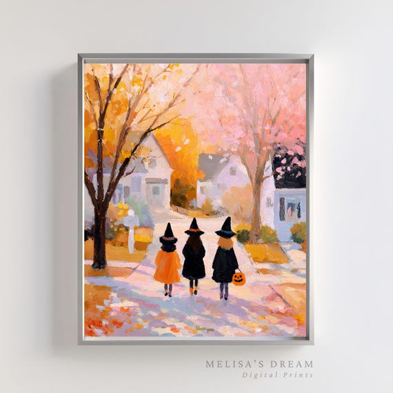 Halloween Witch Street Painting Wall Art Autumn Landscape Cozy Fall Neighborhood