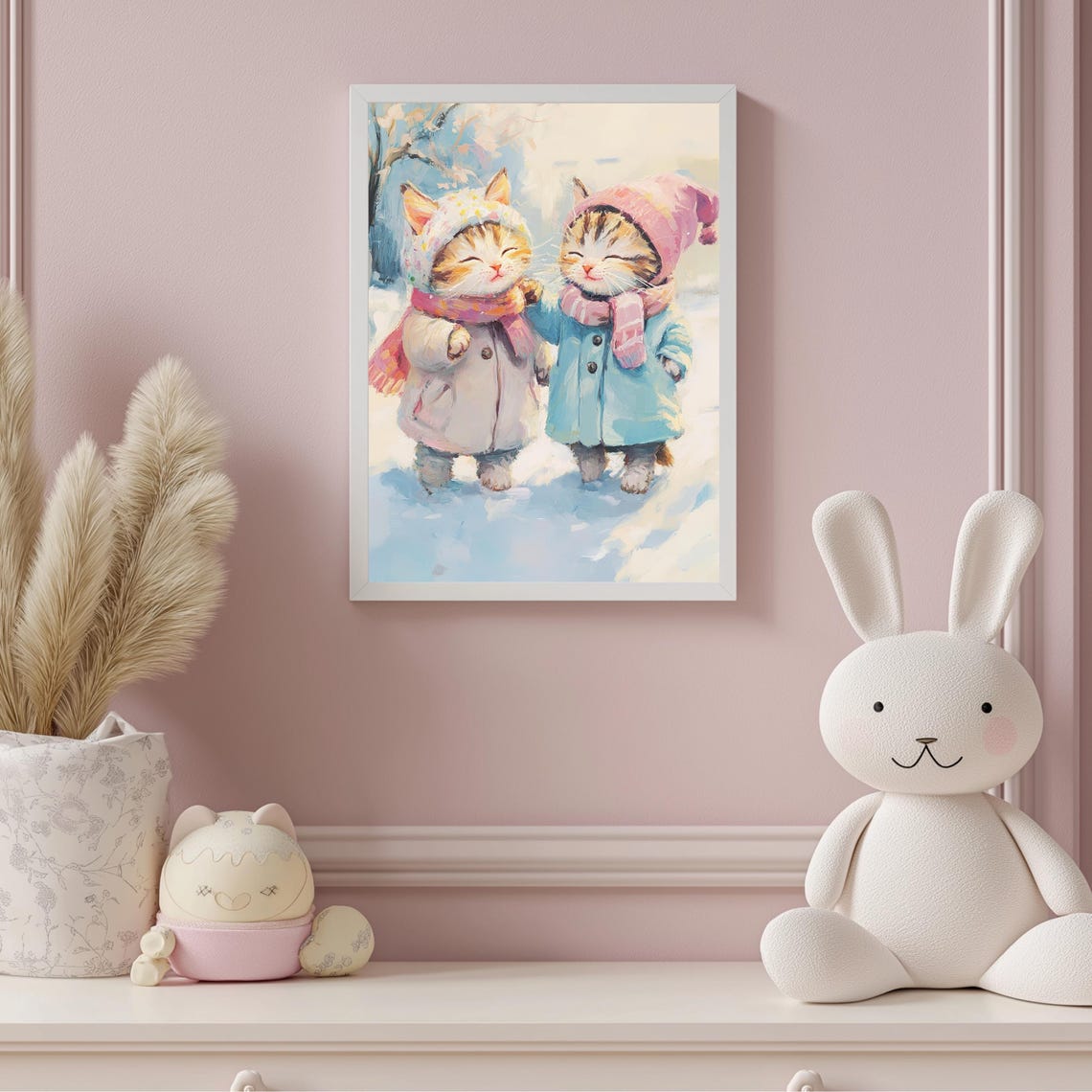 Two Cute Kittens In Winter Coats Strolling Through Snow Art Poster - Image 3