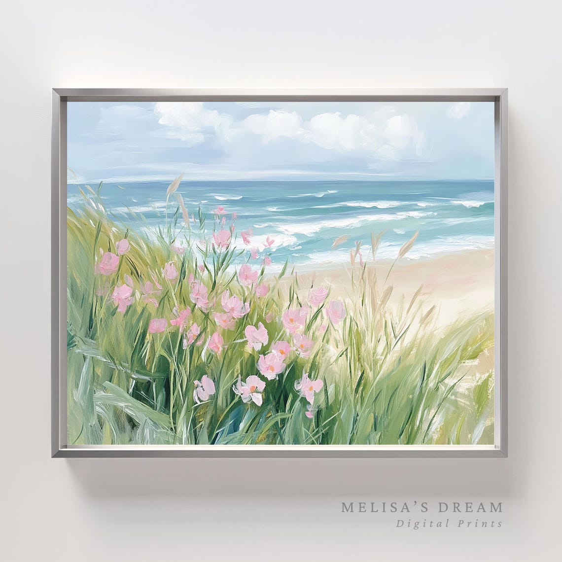 Coastal Wildflowers Pink Blooms Ocean Waves Seascape Art Poster